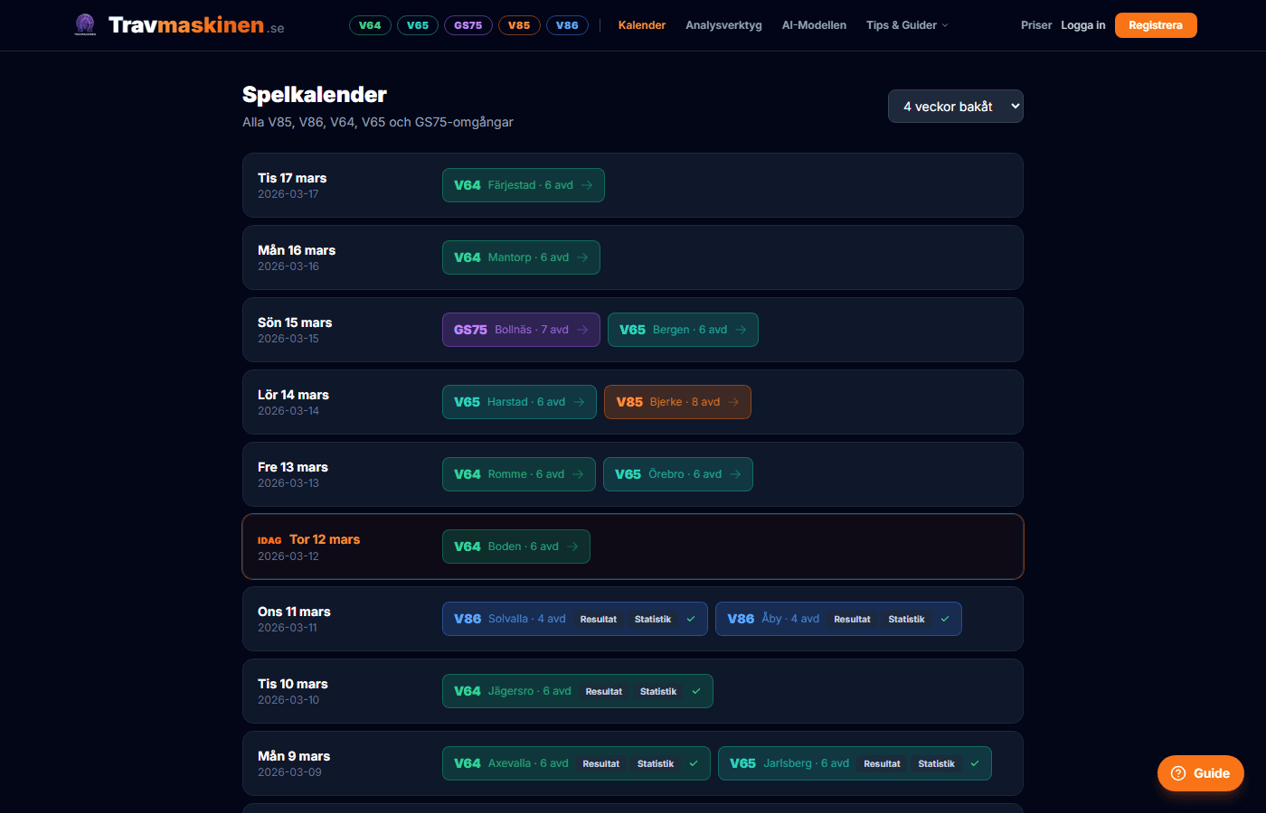 Spelkalendern med färgkodade badges, IDAG-markering och resultat