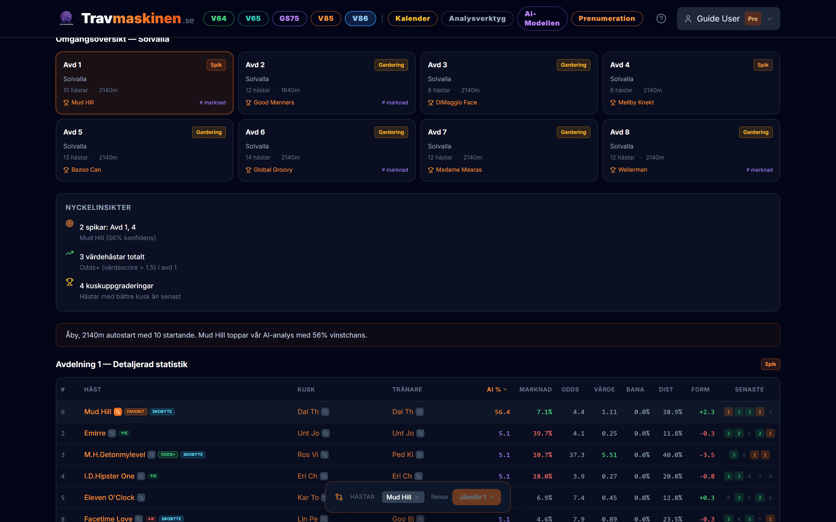 Detaljerad statistiktabell med hästjämförelse
